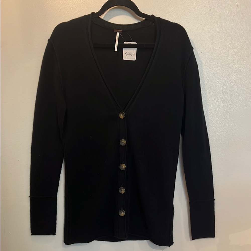 Free People Black Cardigan with Long Sleeves and Textured Knit